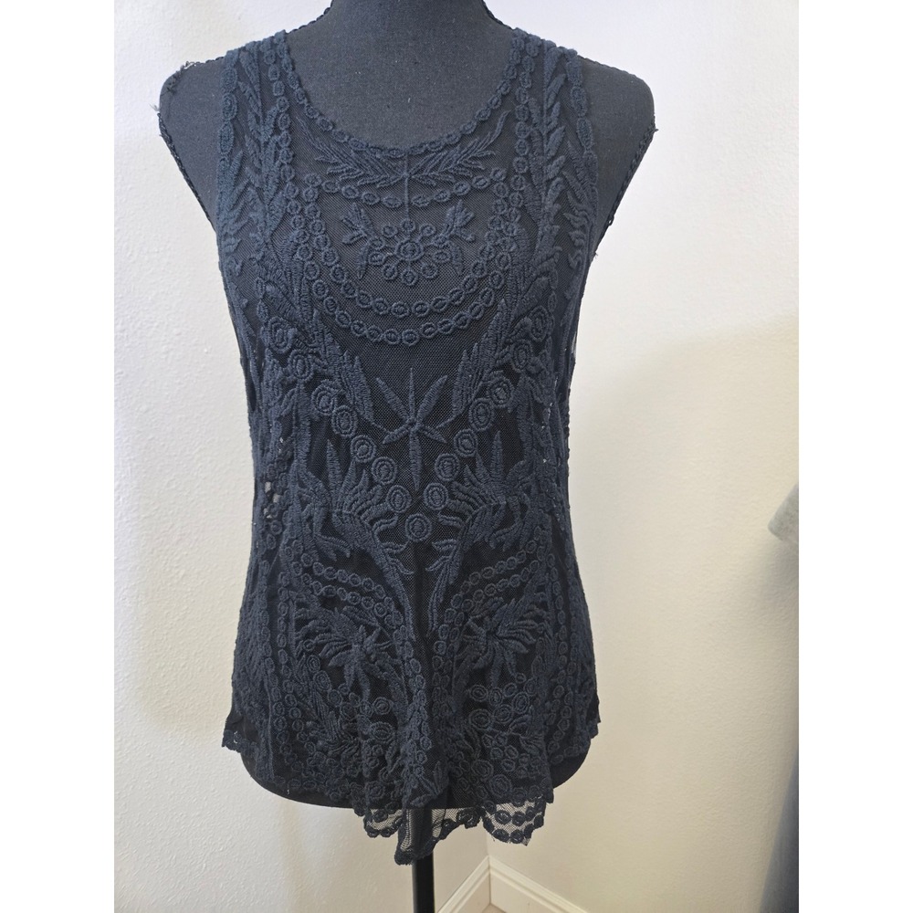 Ro & De Womens XS Black Floral Embroidered Lace Mesh Top Whimsigoth Boho